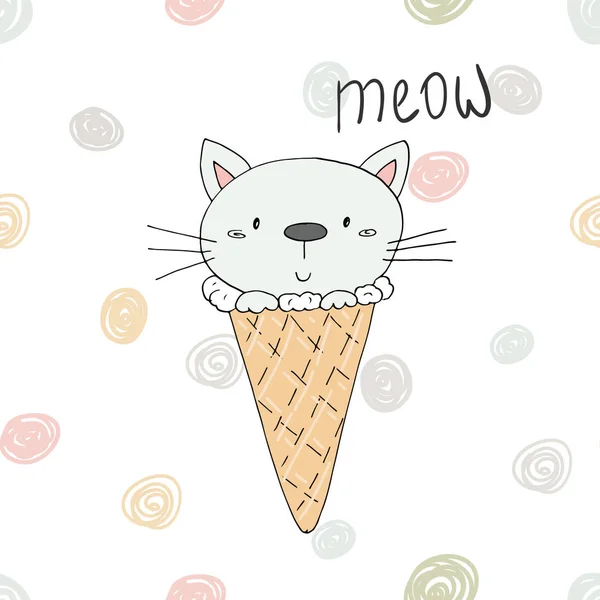 Ilustración vectorial dibujado a mano con lindo gato de dibujos animados helado vector ilustración — Vector de stock