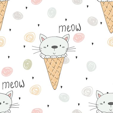 Şirin kedi ile çizilmiş seamless modeli el, Gösterim çocuklar vektör yazdırma amacıyla doodle