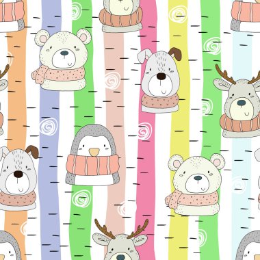 Şirin elle çizilmiş komik hayvanlar doodles. Seamless modeli