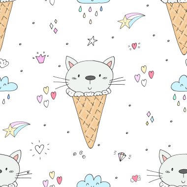 Şirin kedi ile çizilmiş seamless modeli el, Gösterim çocuklar vektör yazdırma amacıyla doodle