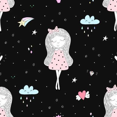 Şirin el sevimli küçük kız vektör Dikişsiz desen çizim ile çekilmiş
