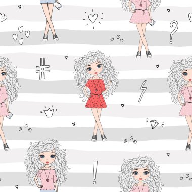 Şirin el sevimli küçük kız vektör Dikişsiz desen çizim ile çekilmiş