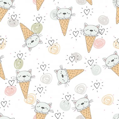 Şirin kedi ile çizilmiş seamless modeli el, Gösterim çocuklar vektör yazdırma amacıyla doodle