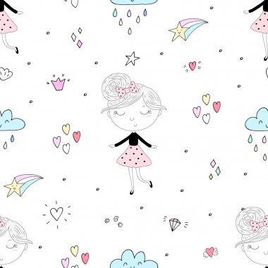 Şirin el sevimli küçük kız vektör Dikişsiz desen çizim ile çekilmiş