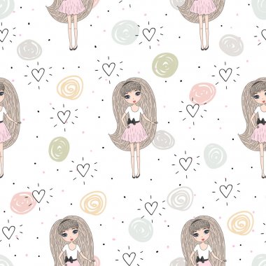 Şirin el sevimli küçük kız vektör Dikişsiz desen çizim ile çekilmiş