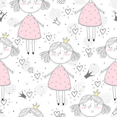 Şirin el sevimli küçük kız vektör Dikişsiz desen çizim ile çekilmiş