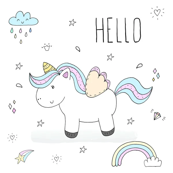 Cute unicorn print for kids. Hello card — Stock Vector