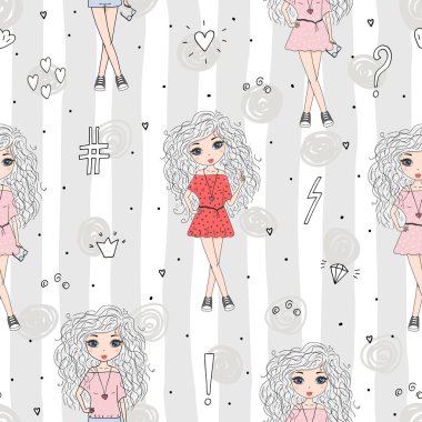 Şirin el sevimli küçük kız vektör Dikişsiz desen çizim ile çekilmiş