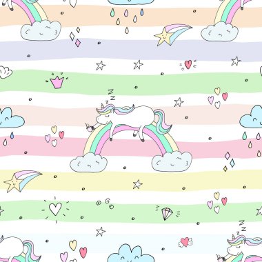 Şirin el tek boynuzlu at vektör desen çekilmiş. vektör çizim