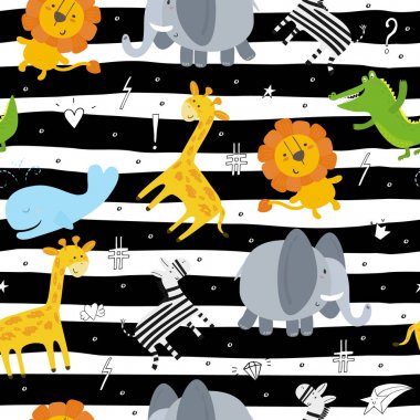 Şirin elle çizilmiş komik hayvanlar. Seamless modeli.