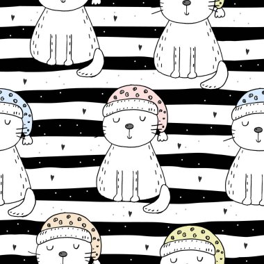 Şirin kedi ile çizilmiş seamless modeli el, Gösterim çocuklar vektör yazdırma amacıyla doodle