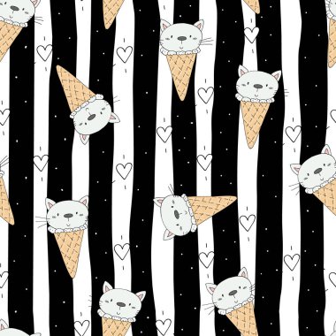 Şirin kedi ile çizilmiş seamless modeli el, Gösterim çocuklar vektör yazdırma amacıyla doodle