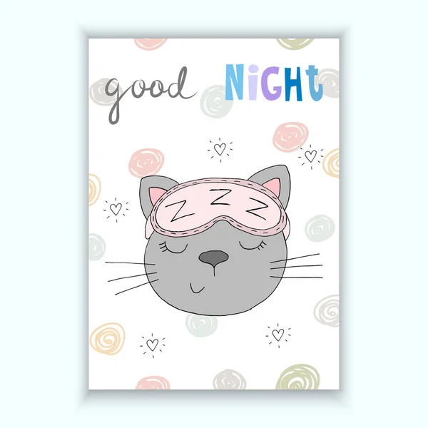 Хороша нічна векторна листівка з кумедною милою кішкою в мультиплікаційному стилі. векторний принт — стоковий вектор
