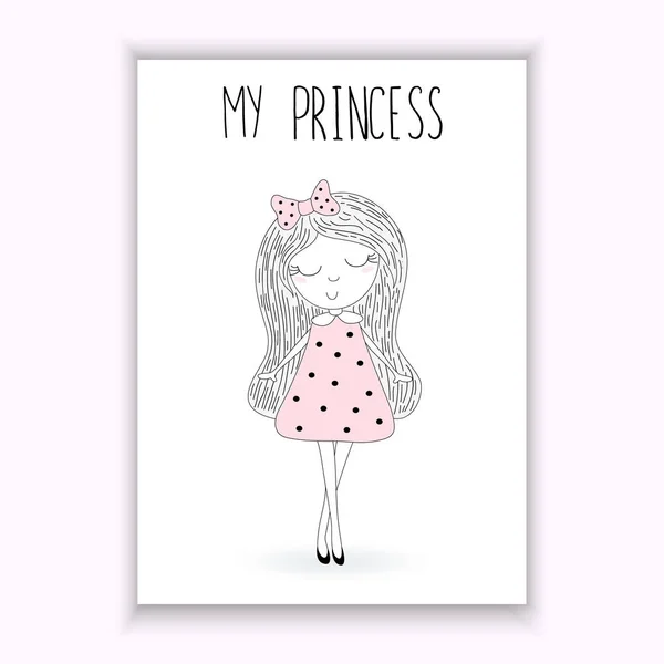 Prinsessakorttini. Söpö käsi piirretty söpö pikku prinsessa. huuhtelutaulukko — vektorikuva