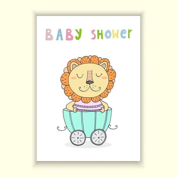Projeto do cartão do chuveiro do bebê. Bonito cartão desenhado à mão com leão no trailer. Modelo para impressão —  Vetores de Stock