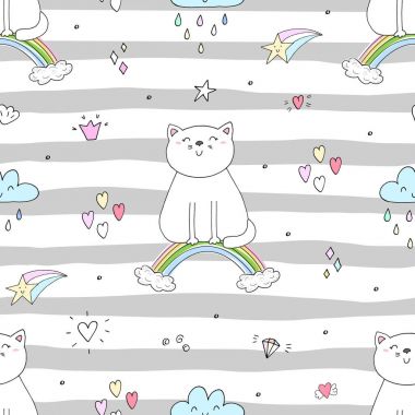 Şirin kedi üzerinde bir gökkuşağı, doodle gösterim amacıyla çocuklar vektör yazdırma ile çizilmiş seamless modeli el