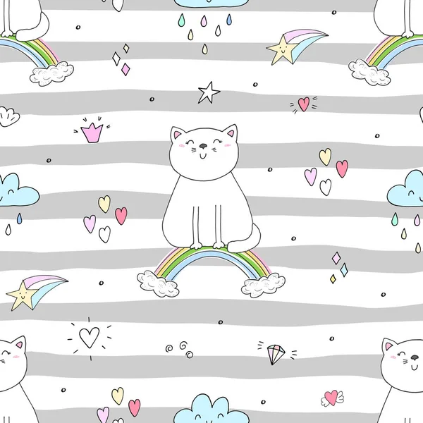 Dibujado a mano patrón sin costura con gato lindo en un arco iris, garabato ilustración para niños impresión vectorial — Vector de stock