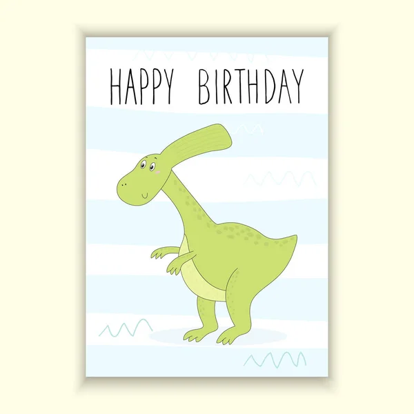 Feliz cumpleaños diseño de la tarjeta. Bonita carta dibujada a mano con dinosaurio. plantilla imprimible — Vector de stock