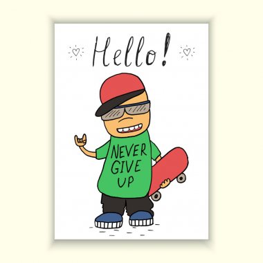 Kart Merhaba. Asla pes etmeyin. Bir kaykay ile gülümseyen Teen.