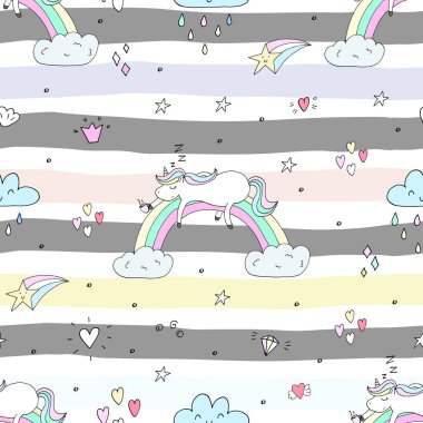 Şirin el tek boynuzlu at vektör desen çekilmiş. vektör çizim