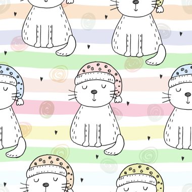 Şirin kedi ile çizilmiş seamless modeli el, Gösterim çocuklar vektör yazdırma amacıyla doodle