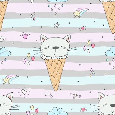Hand drawn seamless pattern with cute cat, doodle illustration for kids vector print clipart