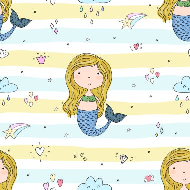 Elle çizilmiş ile Dikişsiz desen vektör küçük deniz kızı