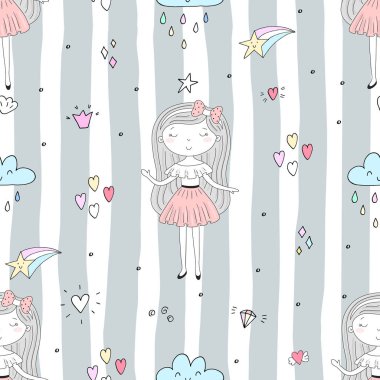 Şirin el sevimli küçük kız vektör Dikişsiz desen çizim ile çekilmiş