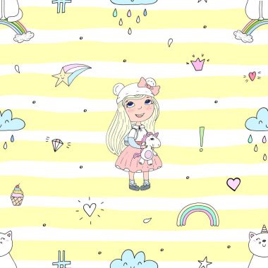 Şirin el sevimli küçük kız vektör Dikişsiz desen çizim ile çekilmiş