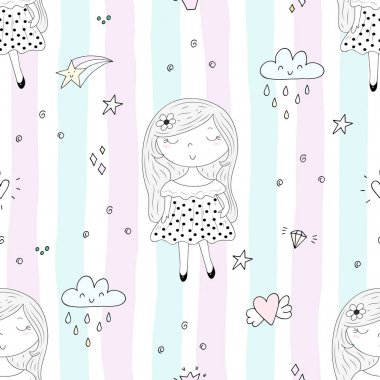 Şirin el sevimli küçük kız vektör Dikişsiz desen çizim ile çekilmiş
