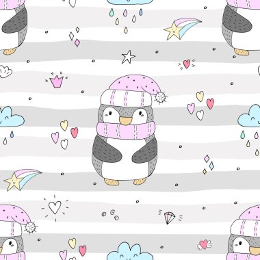 Şirin penguenlerle kusursuz desen. Elle çizilmiş illüstrasyon. Vektör.