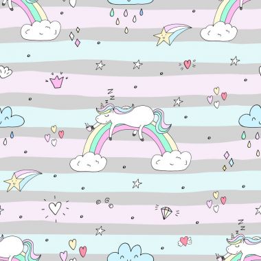 Şirin el tek boynuzlu at vektör desen çekilmiş. vektör çizim