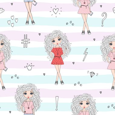 Şirin el sevimli küçük kız vektör Dikişsiz desen çizim ile çekilmiş