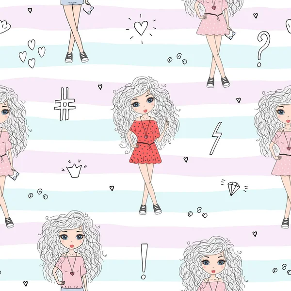 Şirin el sevimli küçük kız vektör Dikişsiz desen çizim ile çekilmiş