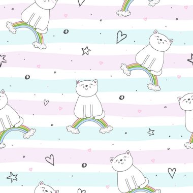 Şirin kedi üzerinde bir gökkuşağı, doodle gösterim amacıyla çocuklar vektör yazdırma ile çizilmiş seamless modeli el
