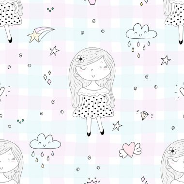 Şirin el sevimli küçük kız vektör Dikişsiz desen çizim ile çekilmiş