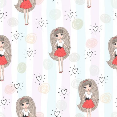 Şirin el sevimli küçük kız vektör Dikişsiz desen çizim ile çekilmiş