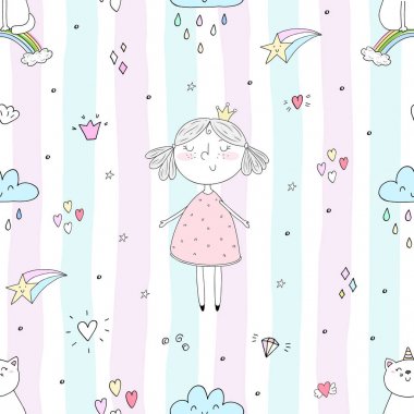Şirin el sevimli küçük kız vektör Dikişsiz desen çizim ile çekilmiş