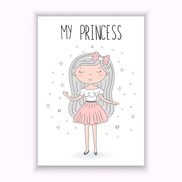 Mi tarjeta de princesa. Linda mano dibujada con linda princesita. plantilla rintable — Vector de stock