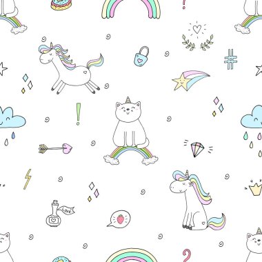 Bir gökkuşağı üzerinde şirin kedi ile çizilmiş seamless modeli el, çocuklar için illüstrasyon doodle, vektör yazdırma.