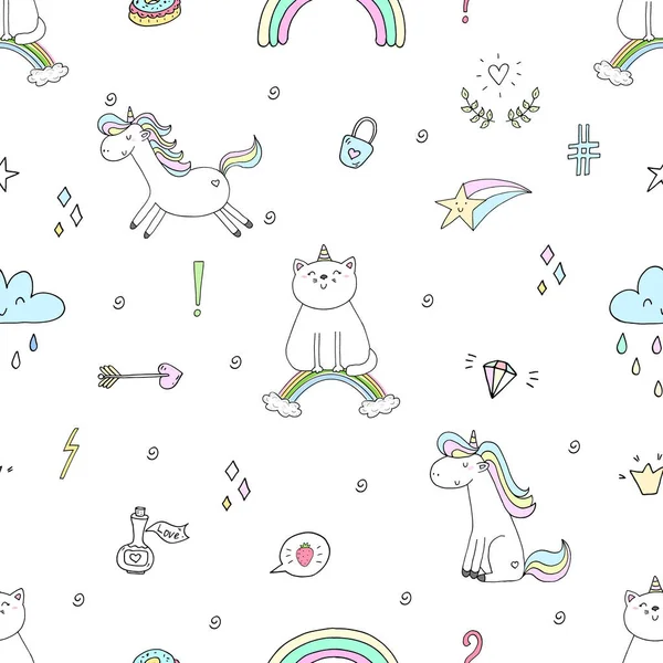 Dibujado a mano patrón sin costura con gato lindo en un arco iris, garabato ilustración para niños impresión vectorial — Vector de stock