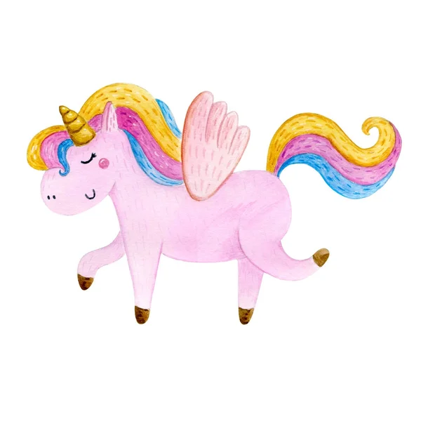 Isolated cute watercolor unicorn clipart. Nursery unicorns illustration. Princess unicorns poster. Trendy pink cartoon horse. — Stock Photo, Image