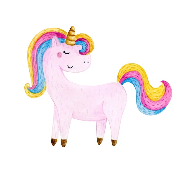 Isolated cute watercolor unicorn clipart. Nursery unicorns illustration. Princess unicorns poster. Trendy pink cartoon horse. — Stock Photo, Image
