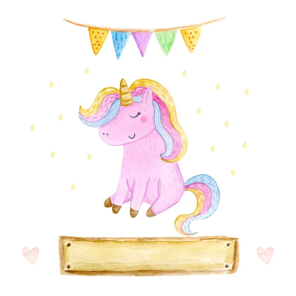 Isolated cute watercolor unicorn clipart. Nursery unicorns illustration. Princess unicorns poster. Trendy pink cartoon horse. — Stock Photo, Image