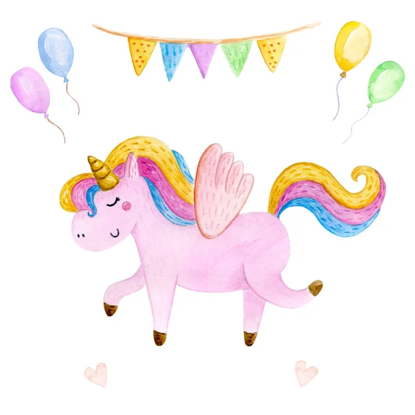 Isolated cute watercolor unicorn clipart. Nursery unicorns illustration. Princess unicorns poster. Trendy pink cartoon horse. — Stock Photo, Image