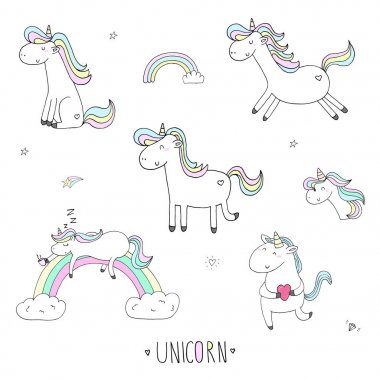 Şirin unicorn yazdırma çizilmiş kümesiyle çocuklar için el. Vektör çizim.