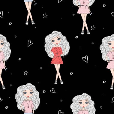 Şirin el sevimli küçük kız vektör Dikişsiz desen çizim ile çekilmiş