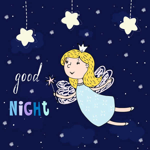 God natt kort. Hand dras söta tecknade Fairy vektorillustration — Stock vektor