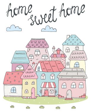 Home Sweet Home kartı. El Drawn renkli ev sahipliği yapmaktadır. vektör çizim