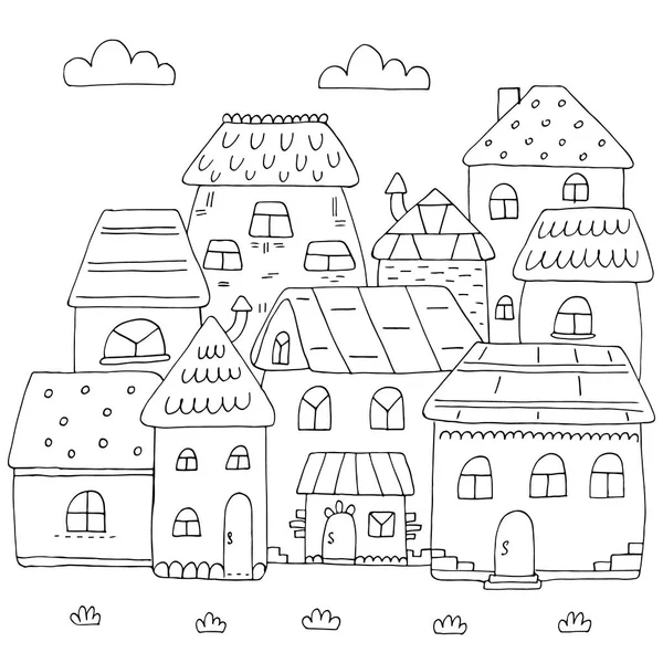 Página desenhada à mão para colorir livro com um monte de casas. Uma pequena cidade fofa em doodle stile. Preto e branco — Vetor de Stock